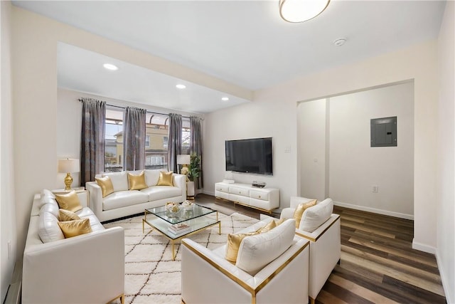 living room with wood-type flooring and electric panel