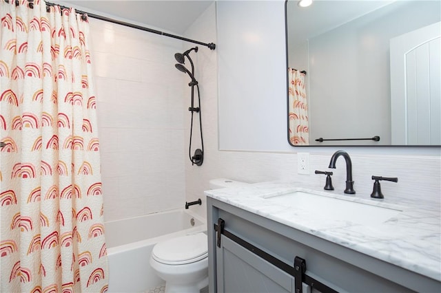 full bathroom with shower / bathtub combination with curtain, decorative backsplash, vanity, and toilet