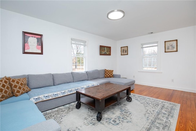 living room featuring wood-type flooring and a wealth of natural light