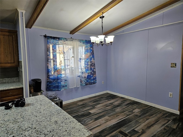 dining space with beam ceiling, crown molding, dark hardwood / wood-style flooring, and a chandelier