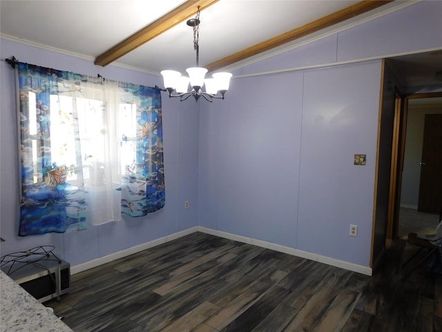 unfurnished dining area featuring lofted ceiling with beams, dark hardwood / wood-style flooring, a chandelier, and ornamental molding