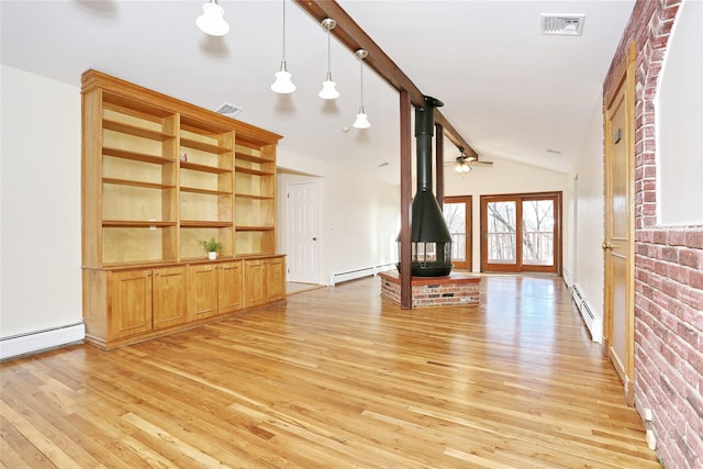 unfurnished living room featuring a baseboard radiator, light hardwood / wood-style flooring, ceiling fan, and lofted ceiling