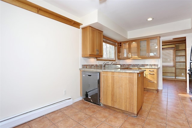 kitchen with dishwasher, a baseboard radiator, kitchen peninsula, decorative backsplash, and light tile patterned flooring