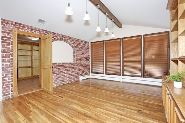 unfurnished room with vaulted ceiling with beams, light wood-type flooring, baseboard heating, and brick wall