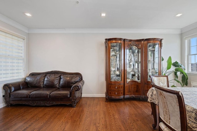 living area featuring crown molding and dark wood-type flooring