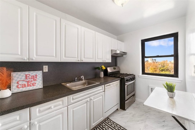 19 Old Mamaroneck Rd Unit 6D, White Plains, NY 10605 - kitchen with under cabinet range hood, gas stove, white dishwasher, a sink, and light marble finish flooring