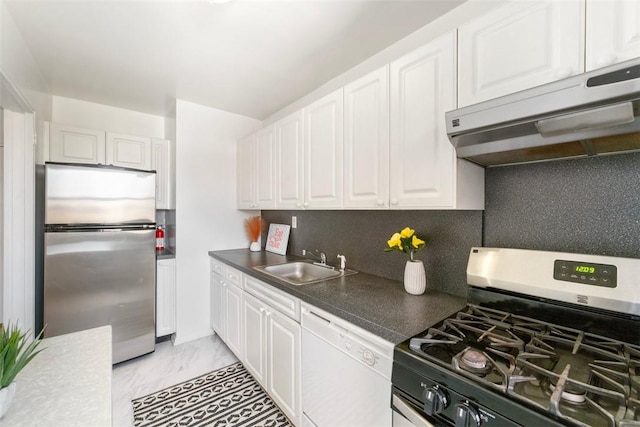 19 Old Mamaroneck Rd Unit 6D, White Plains, NY 10605 - kitchen featuring stainless steel appliances, under cabinet range hood, a sink, white cabinetry, and light marble finish flooring