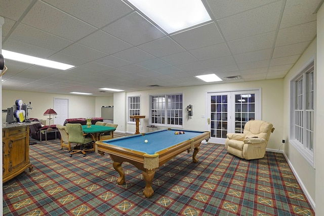 game room with french doors, a drop ceiling, and pool table