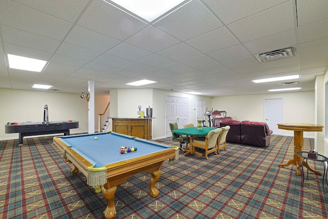 rec room with a paneled ceiling, billiards, and dark colored carpet