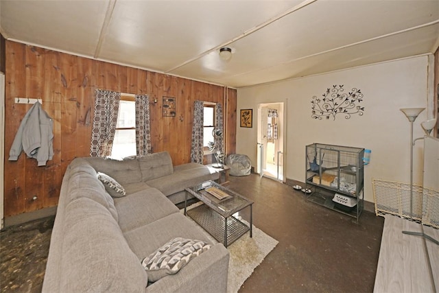 living room featuring wooden walls