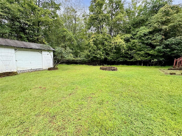 view of yard with a fire pit and a storage shed