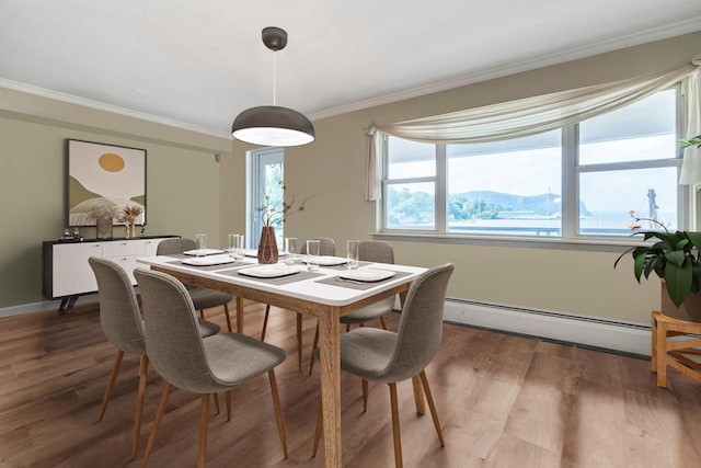 dining space with a water and mountain view, ornamental molding, wood-type flooring, and a baseboard heating unit