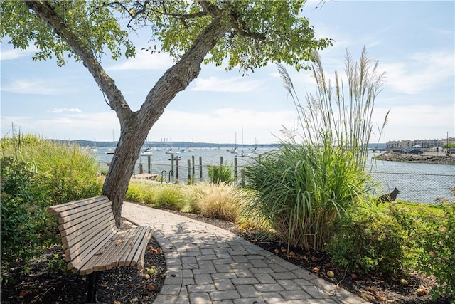 exterior space with a water view