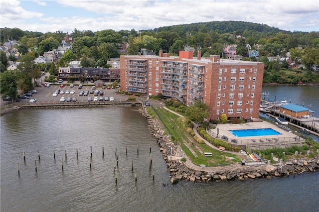 drone / aerial view featuring a water view