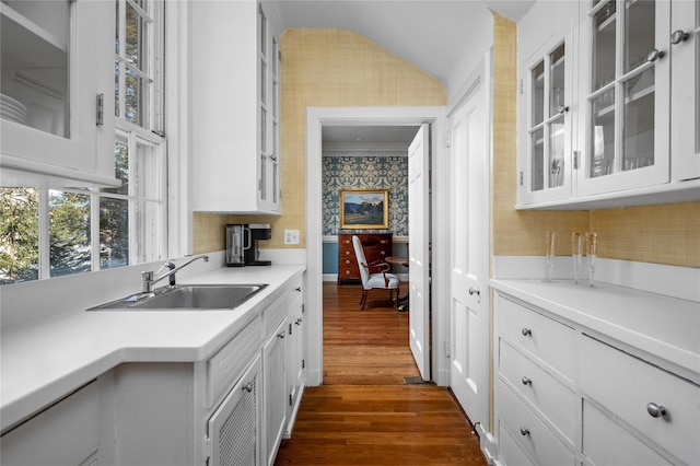 kitchen with wallpapered walls, dark wood finished floors, glass insert cabinets, light countertops, and a sink