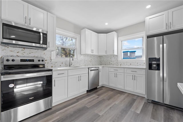 kitchen featuring white cabinets, stainless steel appliances, and a wealth of natural light