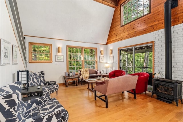 living room featuring a wood stove, plenty of natural light, and light hardwood / wood-style flooring