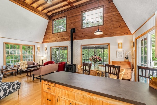 kitchen featuring a wood stove and a wealth of natural light