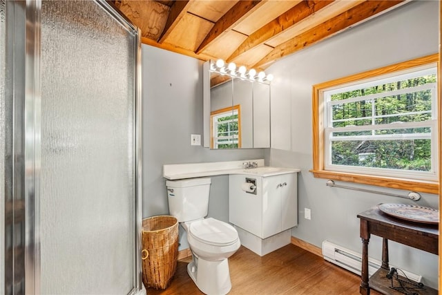 bathroom with wood-type flooring, an enclosed shower, a healthy amount of sunlight, and beam ceiling