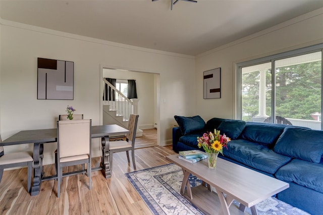 living room featuring light hardwood / wood-style floors and ornamental molding