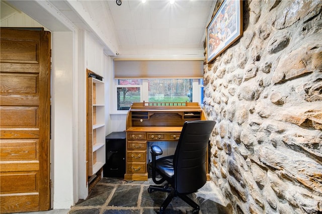 home office with wooden walls