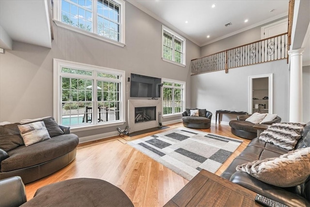 living room featuring a towering ceiling, light hardwood / wood-style floors, plenty of natural light, and ornamental molding