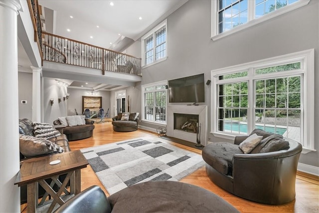 living room with plenty of natural light, light hardwood / wood-style floors, a towering ceiling, and crown molding