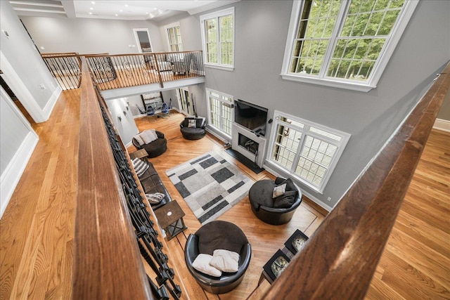 living room featuring a towering ceiling and light wood-type flooring