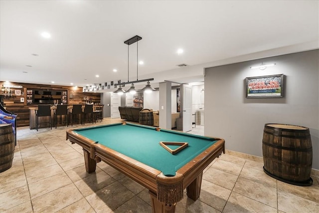 playroom with pool table and indoor bar