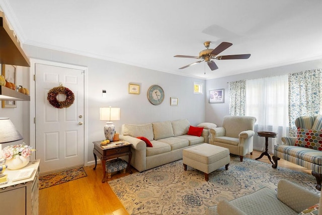 living room featuring a ceiling fan, light wood-type flooring, and ornamental molding