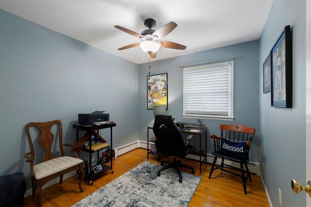 home office featuring a ceiling fan, wood finished floors, and baseboards