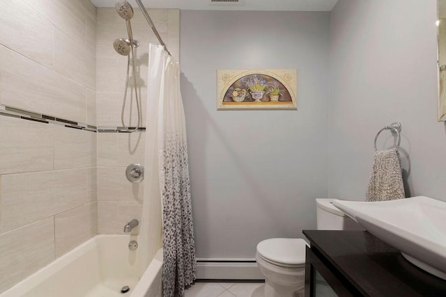 bathroom featuring tile patterned flooring, visible vents, a baseboard radiator, toilet, and shower / bathtub combination with curtain