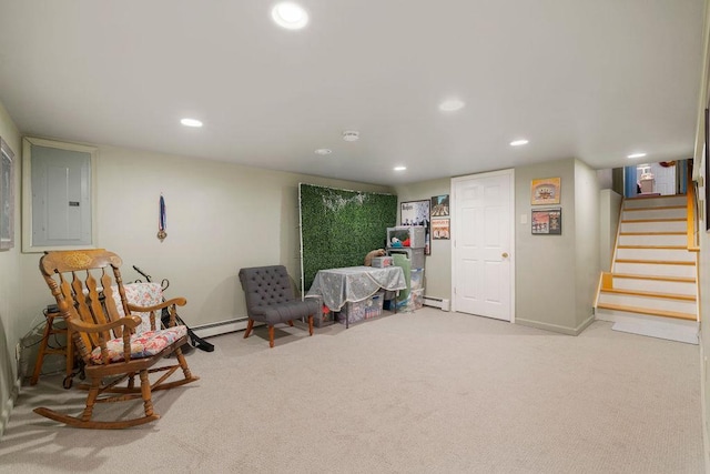 living area with stairs, carpet floors, electric panel, recessed lighting, and a baseboard radiator