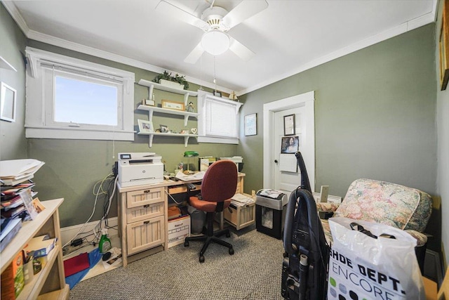 office area featuring ceiling fan and ornamental molding