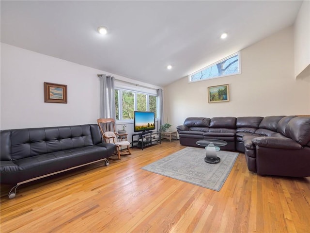 living room with wood-type flooring and lofted ceiling