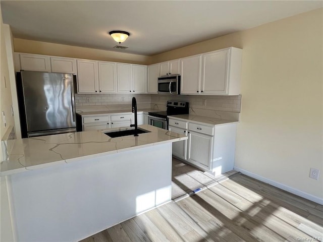 kitchen featuring decorative backsplash, light wood-type flooring, stainless steel appliances, sink, and white cabinets