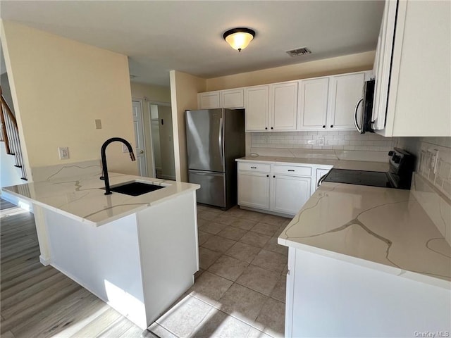 kitchen with stainless steel appliances, visible vents, white cabinets, a sink, and a peninsula