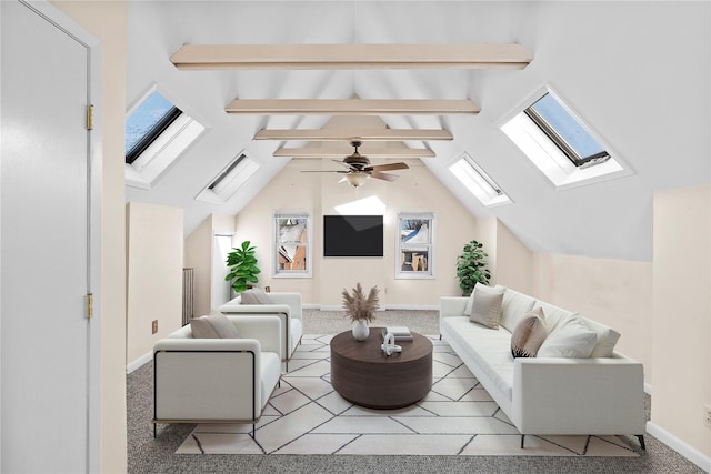 carpeted living room with vaulted ceiling with beams and ceiling fan