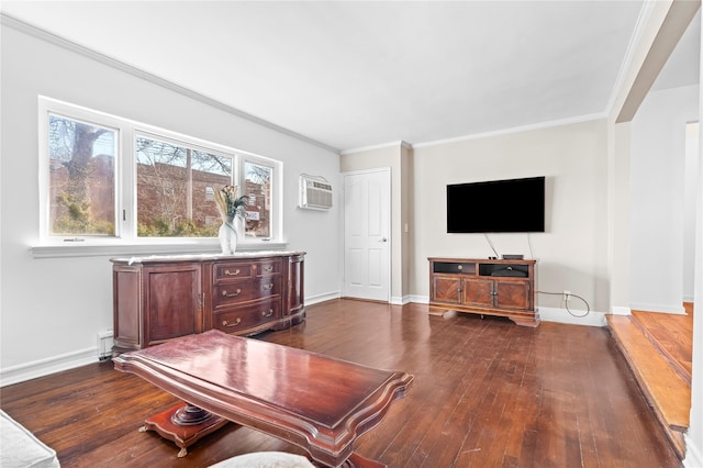 living area featuring ornamental molding, dark wood-type flooring, and baseboards