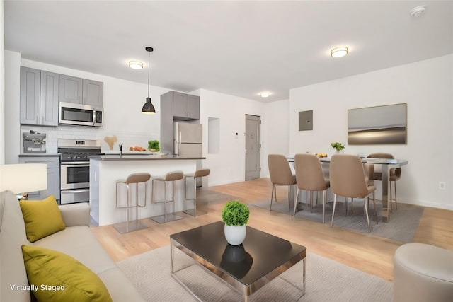 living room with light hardwood / wood-style floors and electric panel