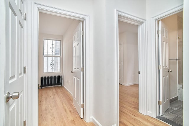 hallway with light hardwood / wood-style floors and radiator