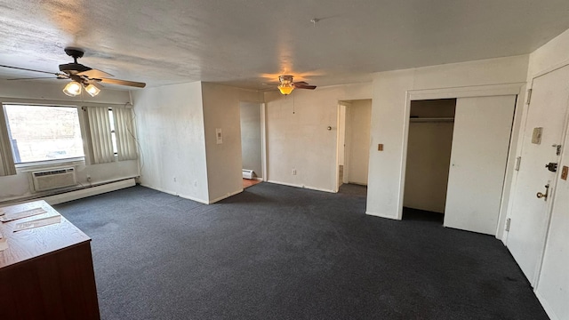 unfurnished living room with dark colored carpet, ceiling fan, and baseboard heating