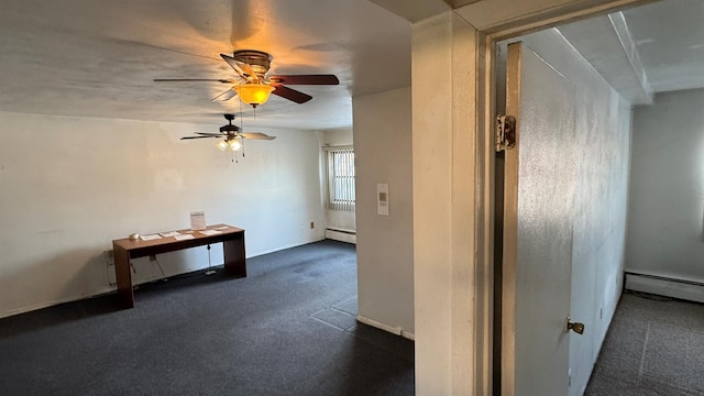 hall with dark colored carpet and baseboard heating