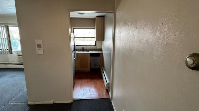 hall featuring sink, a healthy amount of sunlight, and baseboard heating