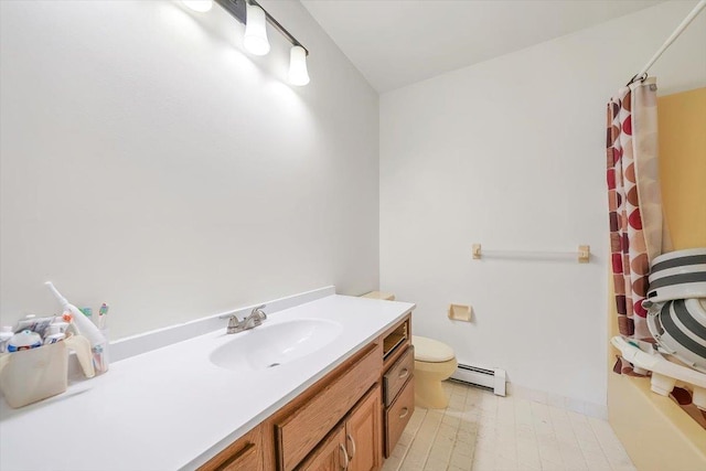 bathroom with a shower with curtain, vanity, toilet, and baseboard heating