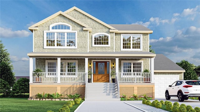 view of front of home featuring a front yard, a porch, and a garage