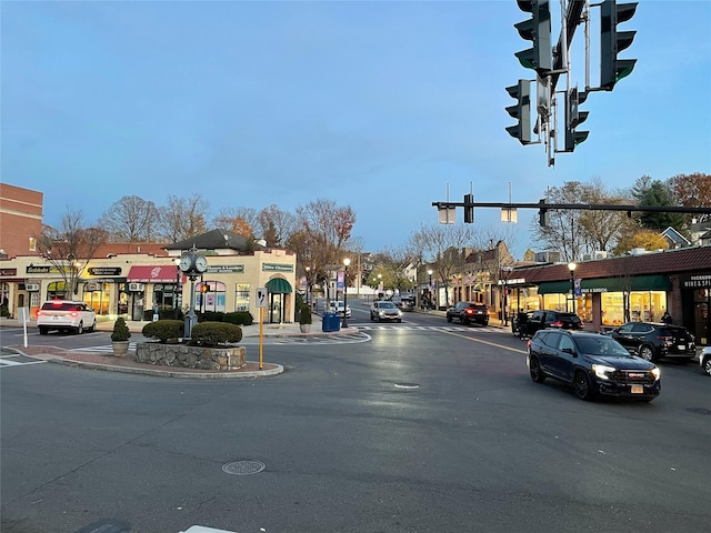 view of road featuring curbs, traffic lights, sidewalks, and street lighting