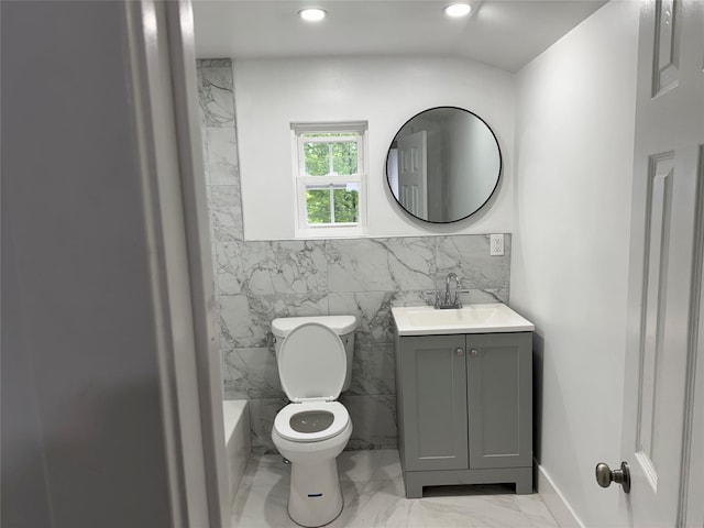 3 Brookside Trl, Monroe, NY 10950 - bathroom with marble finish floors, tile walls, toilet, vanity, and recessed lighting