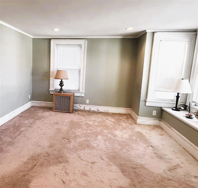 carpeted spare room featuring ornamental molding