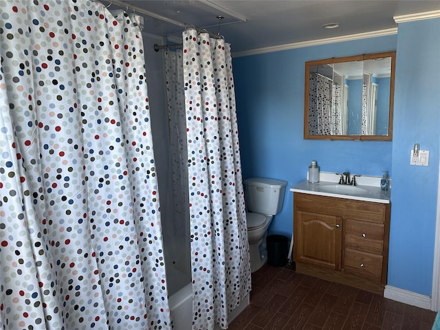 full bathroom with crown molding, toilet, shower / bath combo with shower curtain, vanity, and hardwood / wood-style flooring